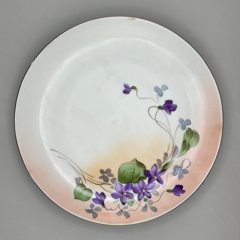 Antique Hand Painted Nippon‎ Porcelain Plate Purple Violets Gold Rim 6" Floral
